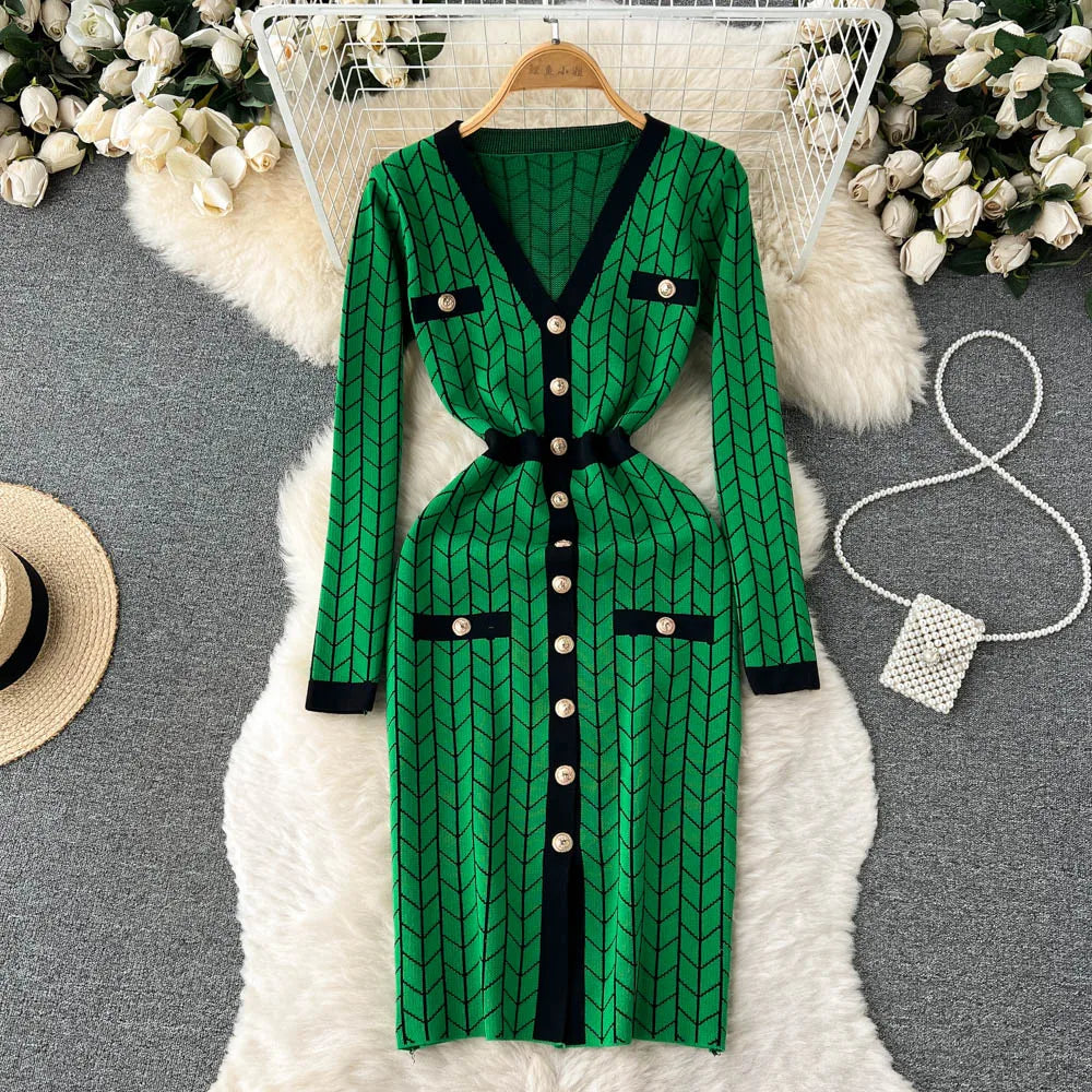 Autumn Plaid Knit Dress Women V Neck Elastic Waist Midi