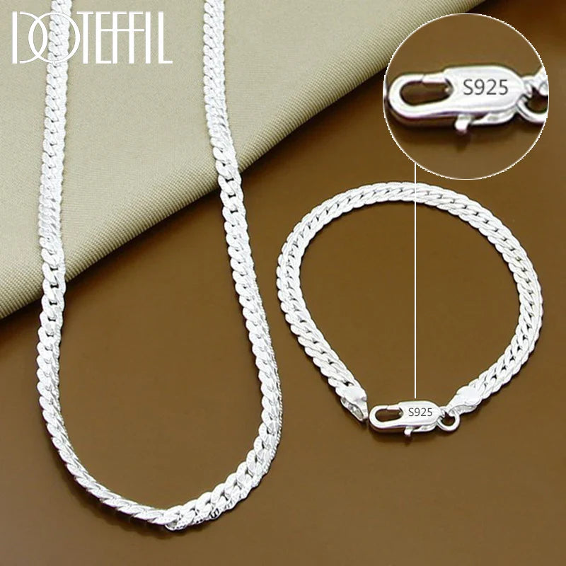 925 Sterling Silver Side Chain Necklace and Bracelet Set for Men and Women Fashion Jewelry