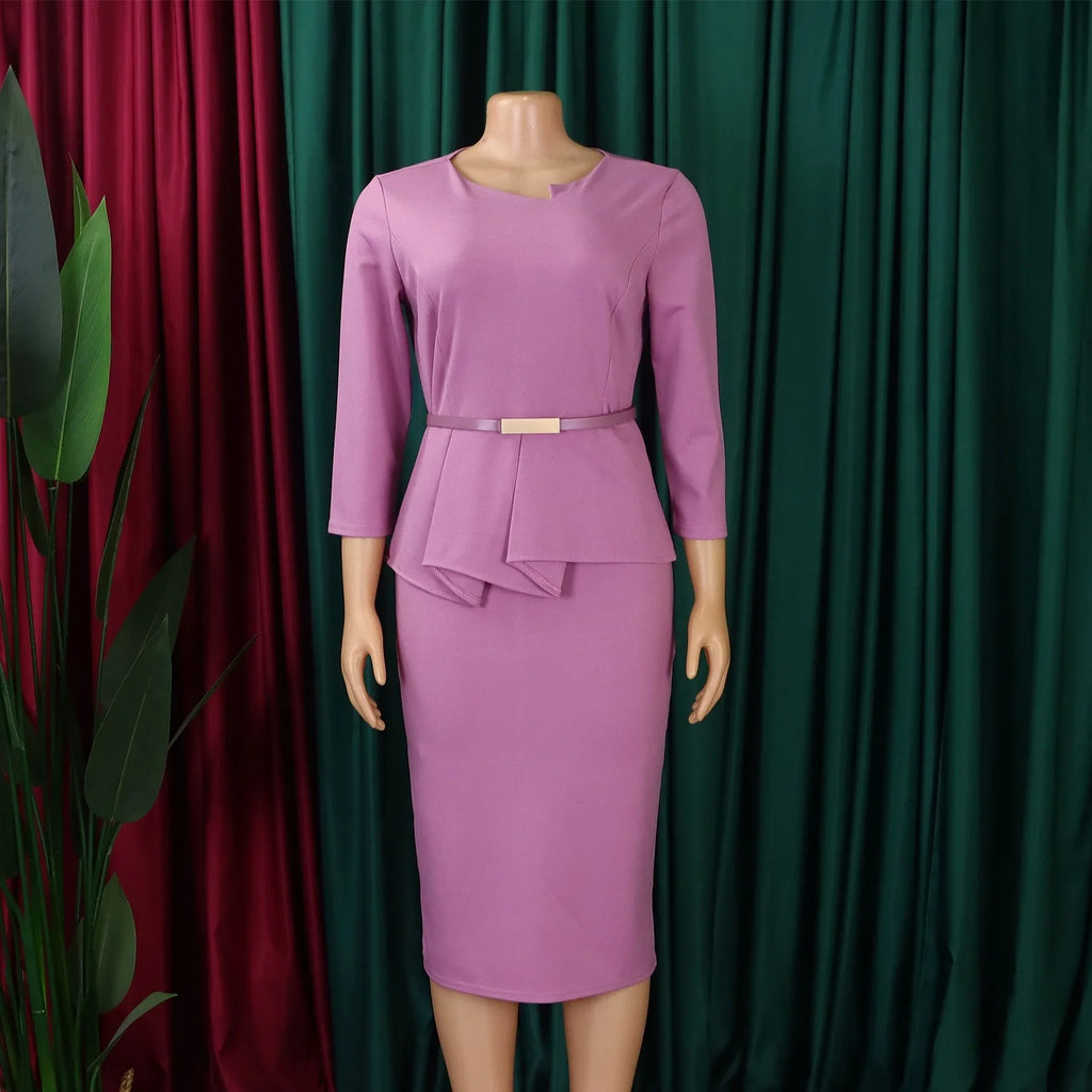 Women's Office Dress Sheath Belted Mid Calf Formal Wear