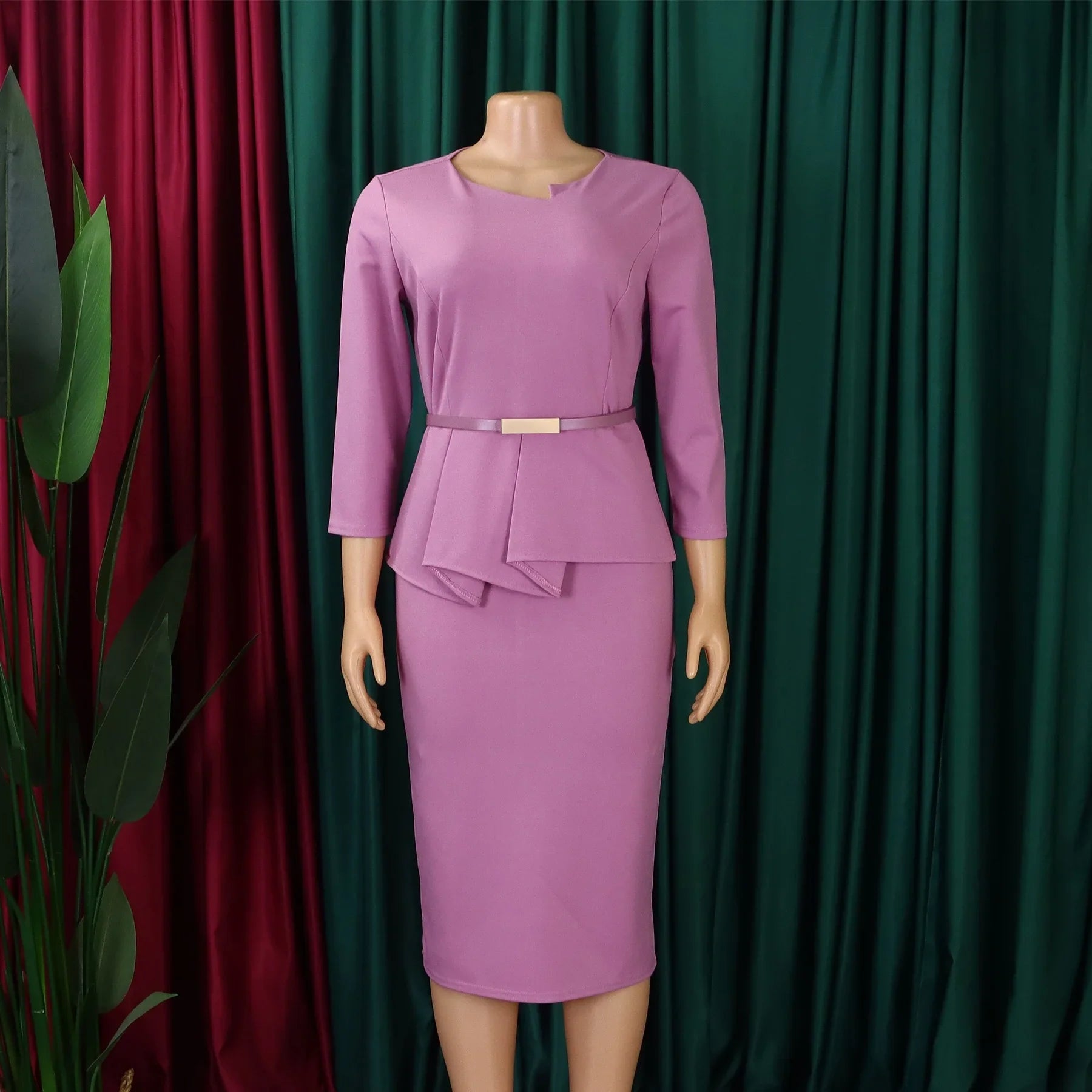 Women's Office Dress Sheath Belted Mid Calf Formal Wear