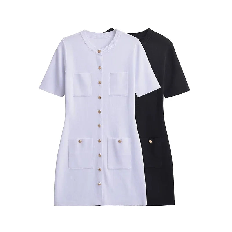Ribbed Pocket Knit Dress For Women High Waist Mini Chic
