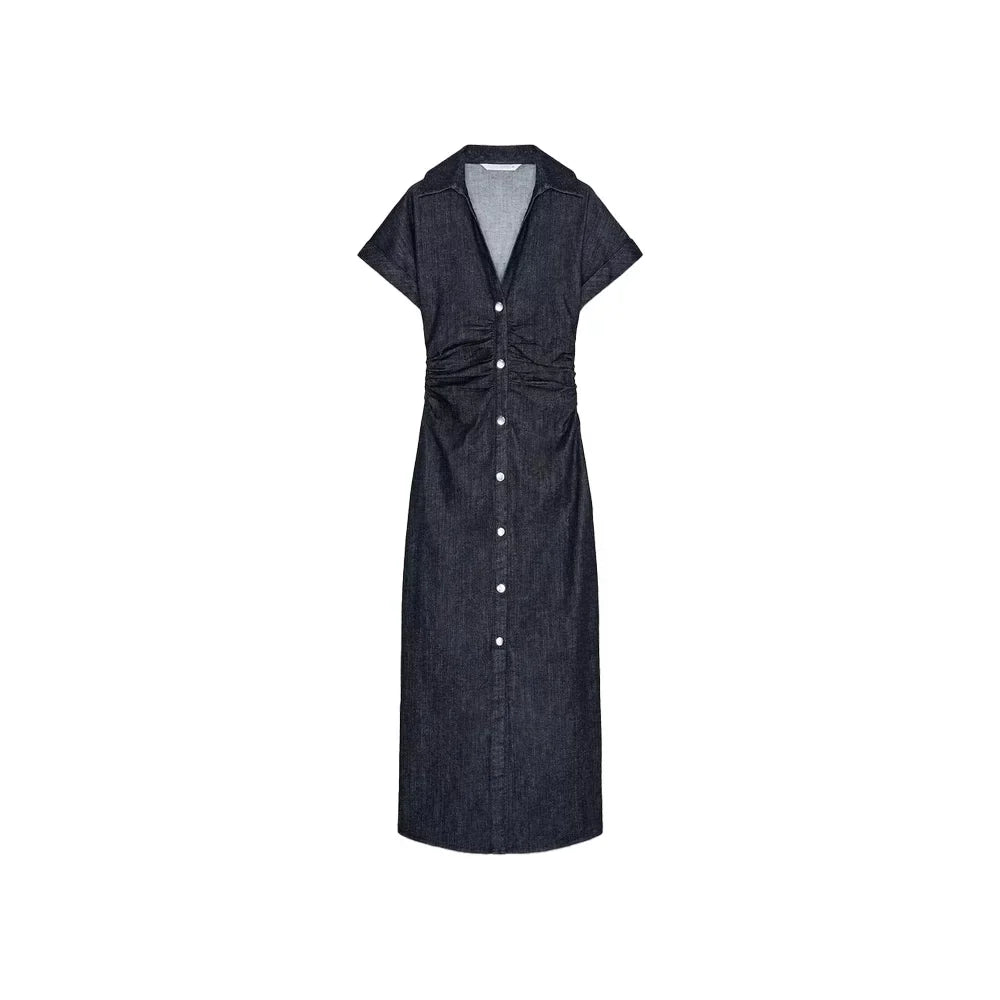 Denim Midi Dress Women Vintage Short Sleeve Button Front