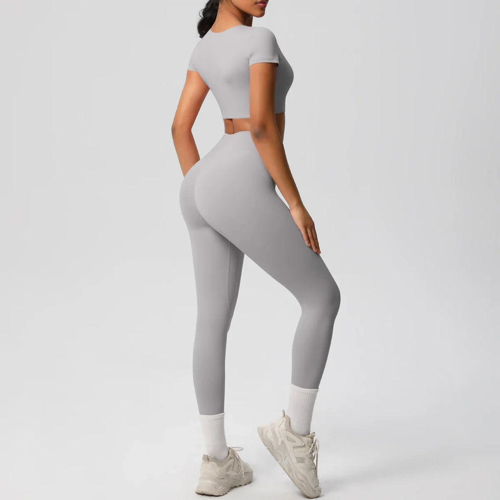 Yoga Set for Women Fitness Sportswear with Short Sleeve Top and High Waist Leggings