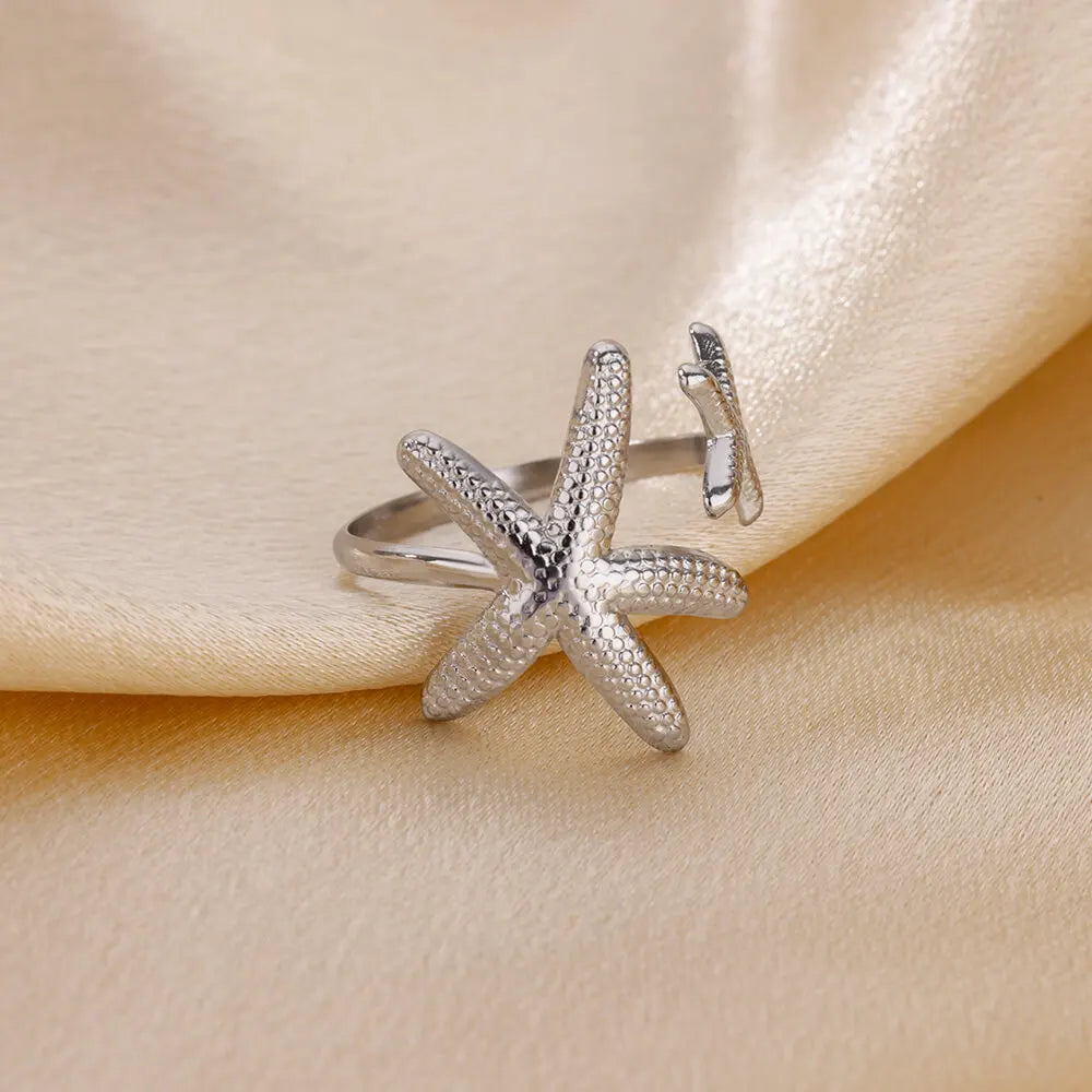 Gold Color Stainless Steel Starfish Open Adjustable Ring for Women Geometric Fashion Jewelry Gift