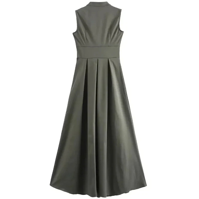 Sleeveless Pleated Maxi Dress With Zip Front And High Waist