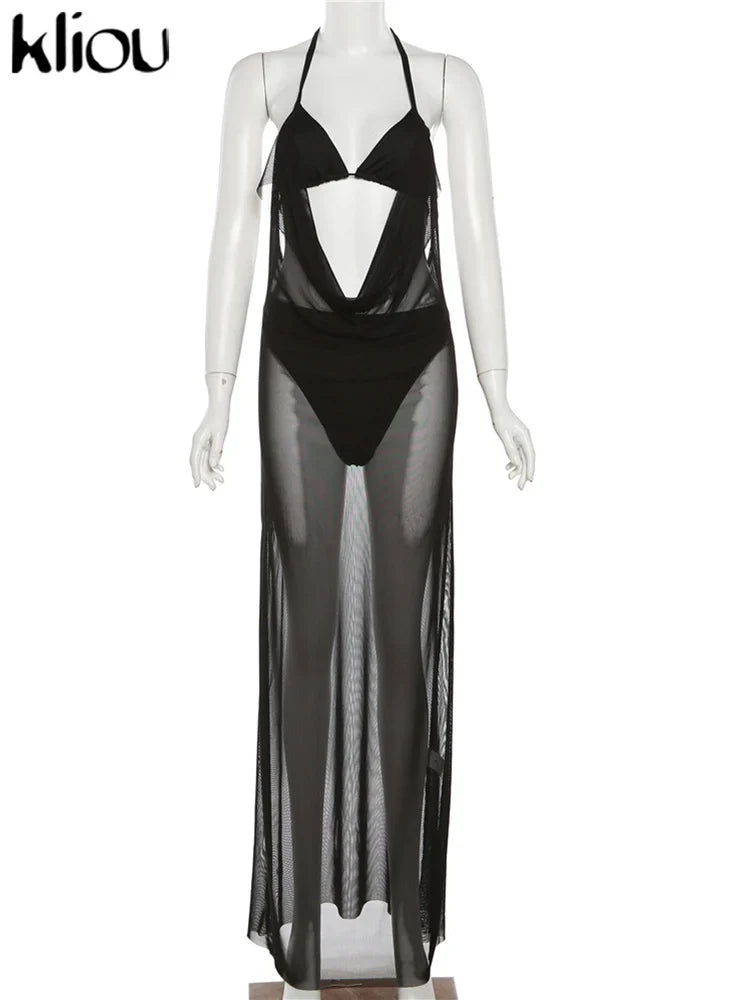 Mesh Halter Neck Two Piece Set For Women Sheer Swinging Crop Top With Solid Long Skirt Sexy Summer Midnight Outfit