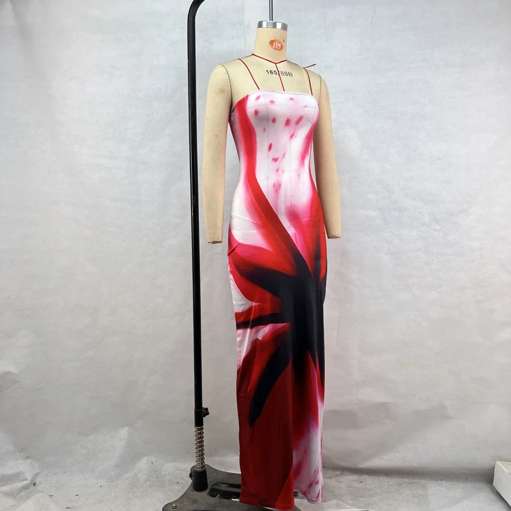 Patchwork Strapless Maxi Beach Dress With Printed Pattern