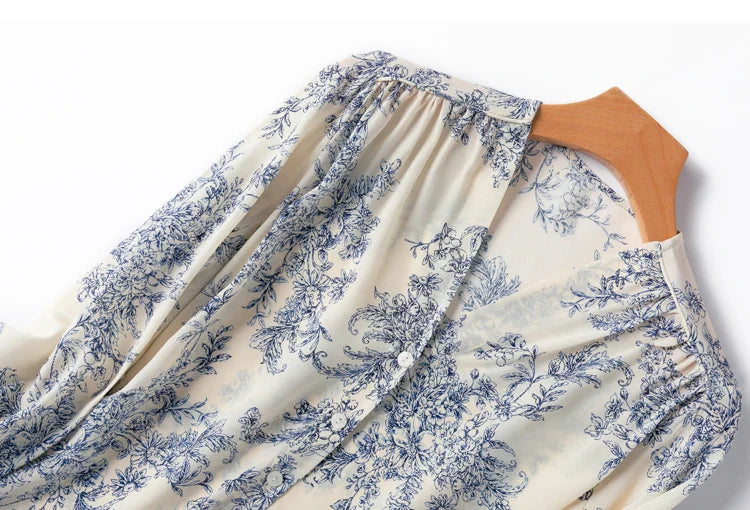 Women 100 Percent Mulberry Crepe Silk Shirt White Floral Button Down Long Sleeve Blouse Elegant Office Top M L XL