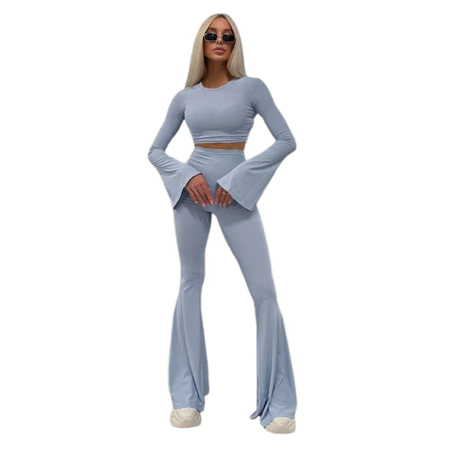 Women's Body-Shaping Tracksuit Set with Crop Top and Flare Leggings for Casual Sporty Style
