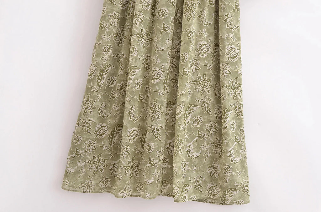 Spring French Design V Neck Printed Cinched Sleeved Dress