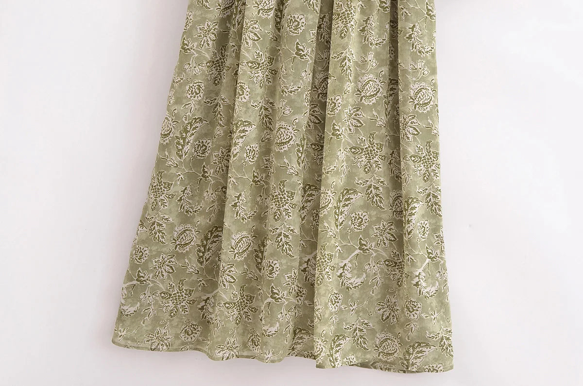 Spring French Design V Neck Printed Cinched Sleeved Dress