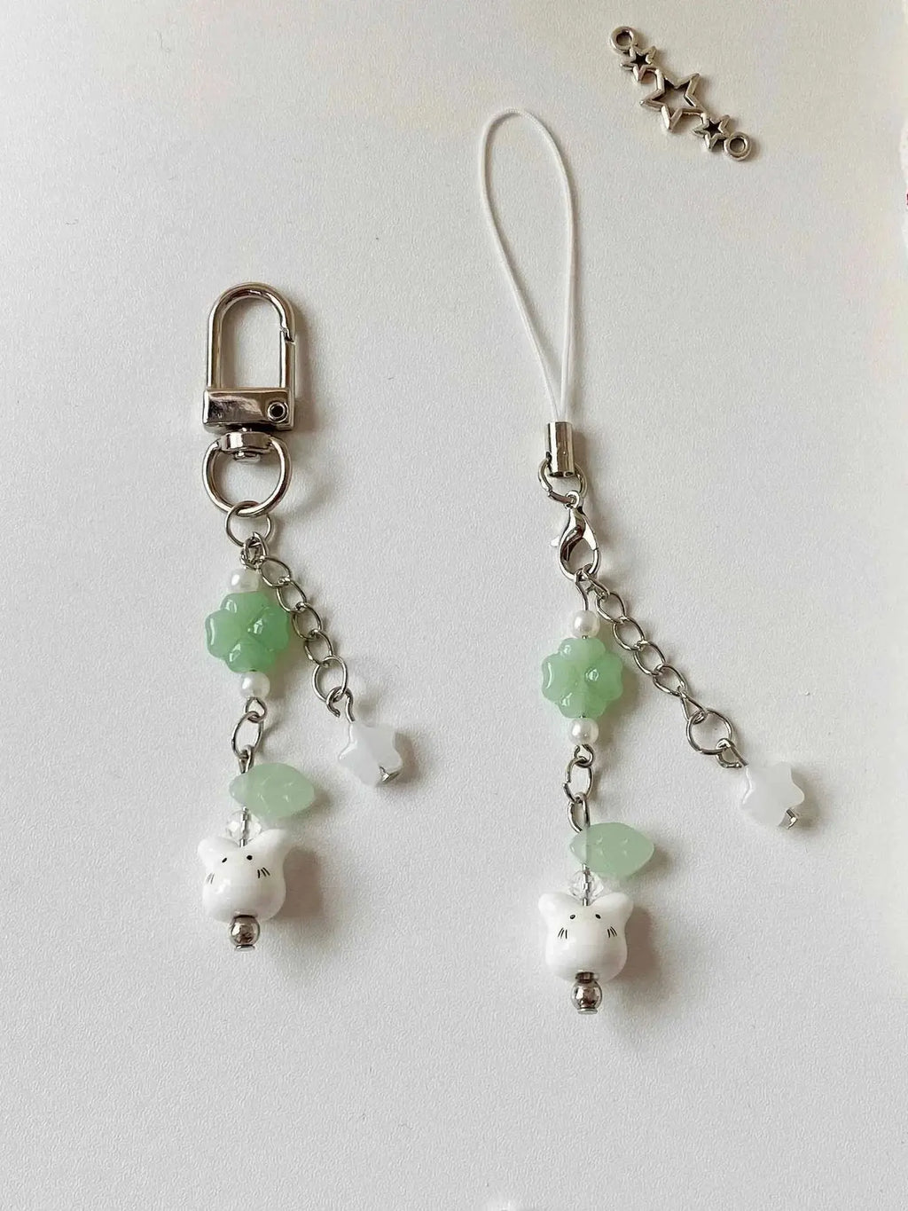 Handmade Four Leaf Clover Beaded Phone Charm Cute Cat Totoro Keychain Cybercore Cell Phone Chain Pendant Bag Decor