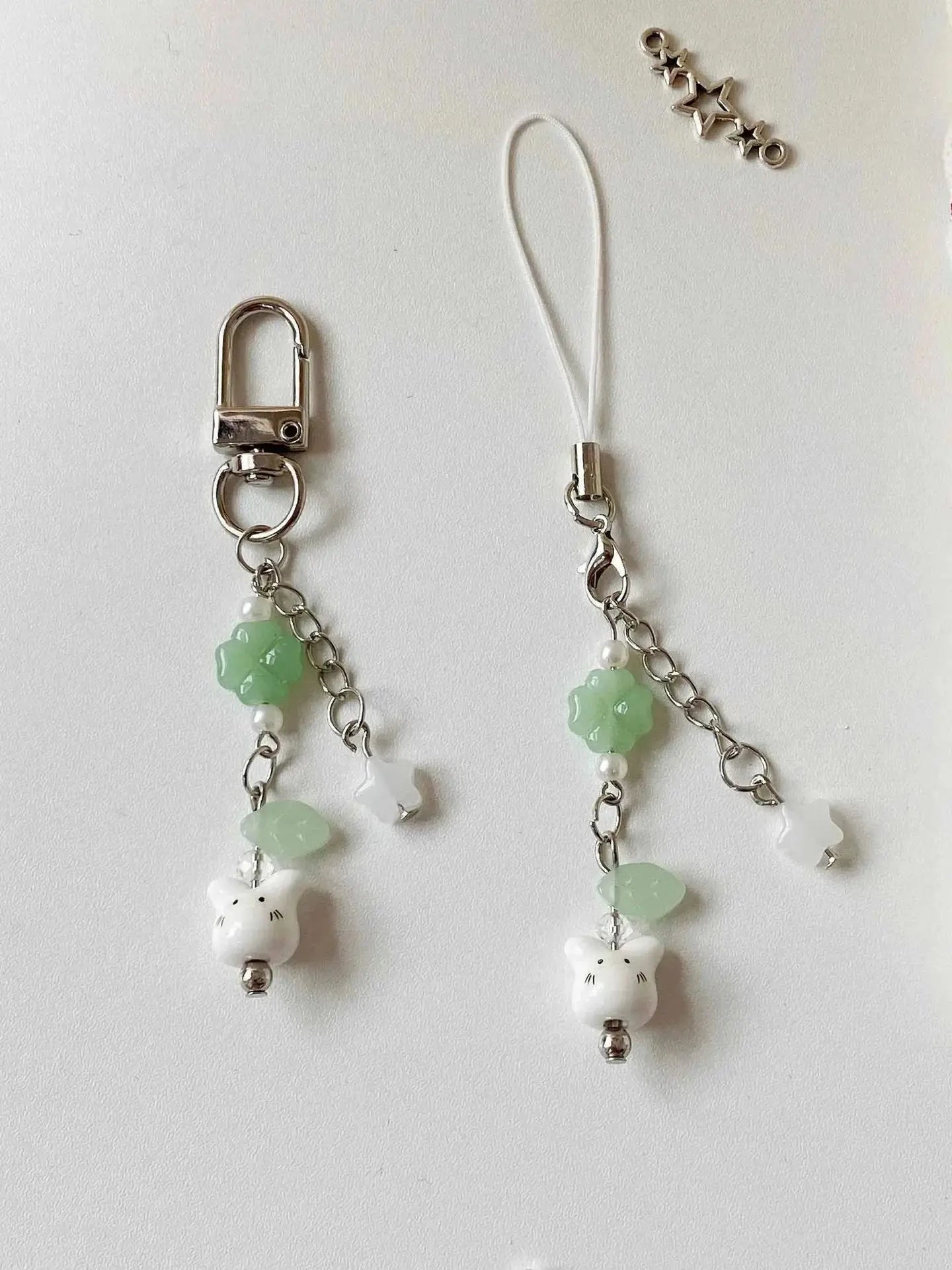 Handmade Four Leaf Clover Beaded Phone Charm Cute Cat Totoro Keychain Cybercore Cell Phone Chain Pendant Bag Decor