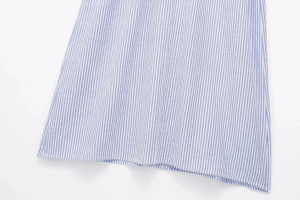 Blue Striped Shirt Dress With Belt Long Sleeve Midi