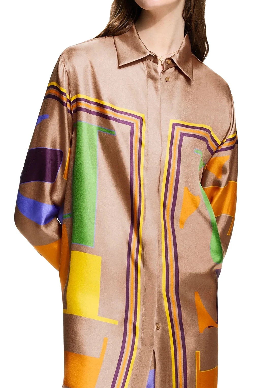 Loose Geometry Print Satin Two-Piece Set for Women with Wide Leg Trousers and Casual Tops