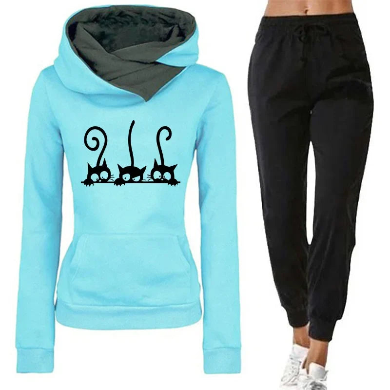 Womens Cute Cat Print Tracksuit Hooded Sweatshirt and Jogging Pants Set for Casual Autumn and Winter Wear