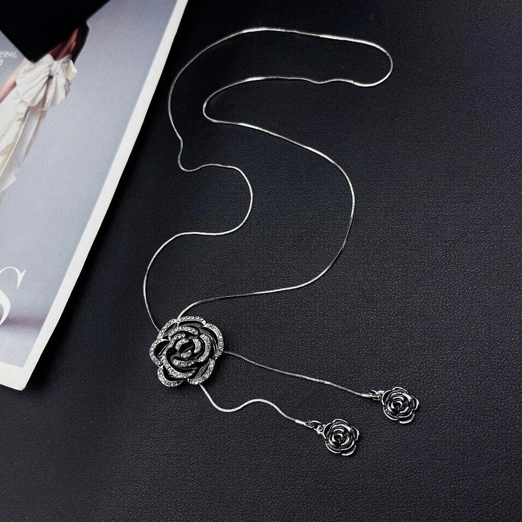 Women's Fashion Black Rose Long Necklace for Travel and Party Accessories