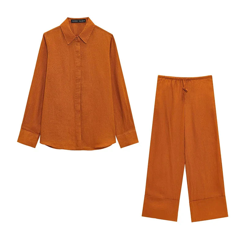 Wide Leg Pants Set for Women Casual Two Piece Outfit with Long Sleeve Shirt and Top