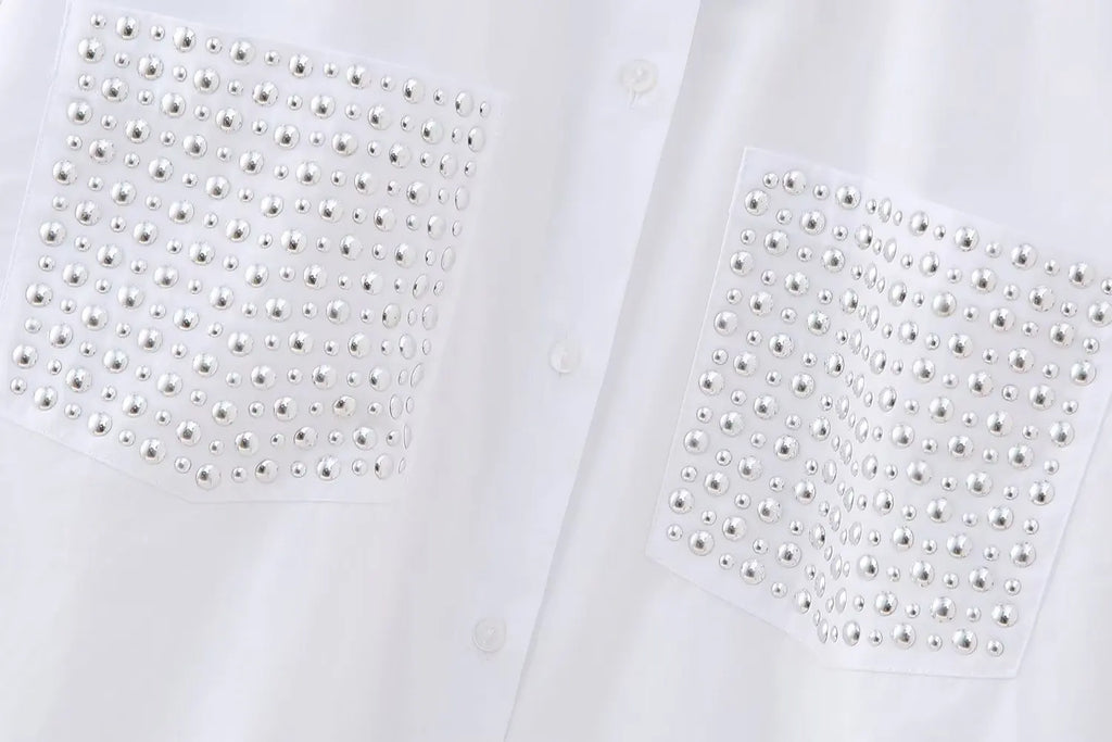Women's Casual Lapel Collar Single Breasted Blouse with Pockets and Rivet Detail Long Sleeve Shirt