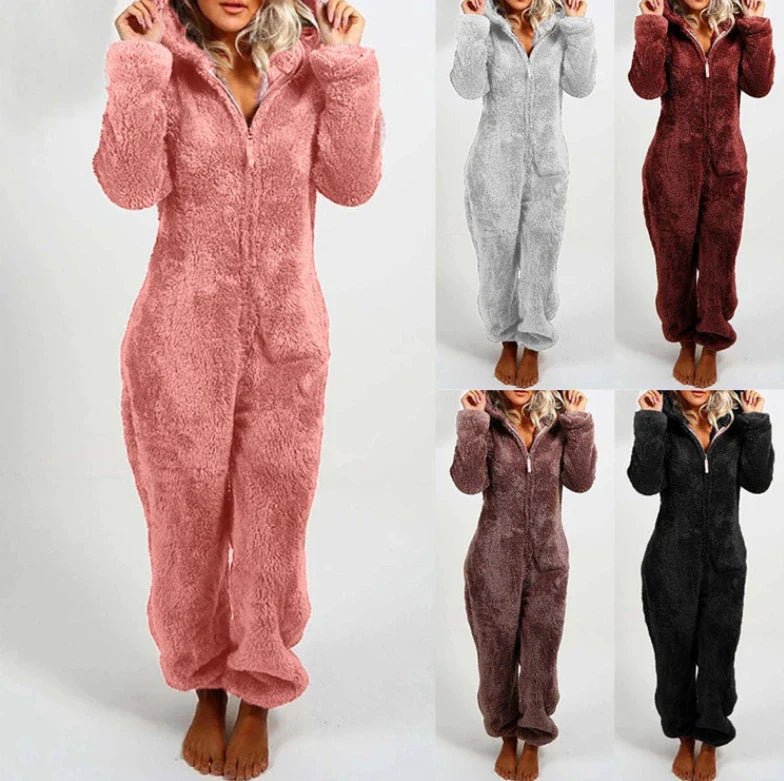 Women's One-Piece Hooded Jumpsuit Thickened Full-Length Overalls Cozy Autumn Winter Wear