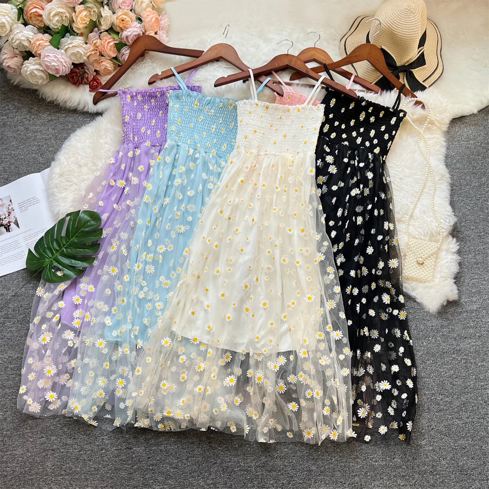 Floral Daisy Print Mesh Long Dress for Summer Vacation