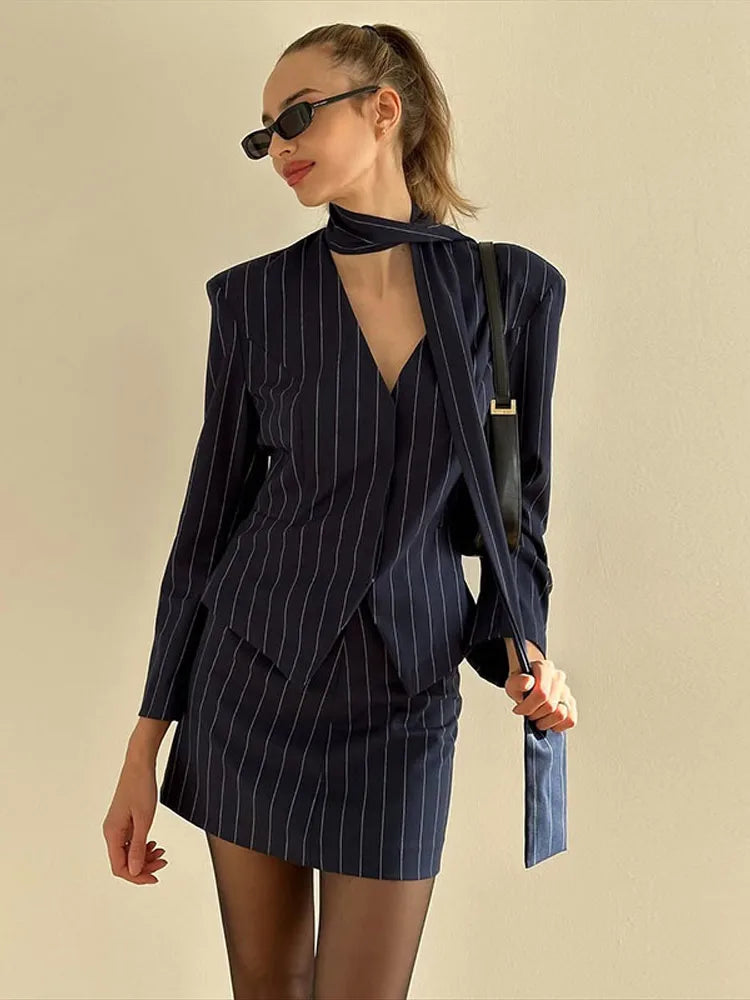 Women's Street Striped Blazer and Skirt Set Slim V-Neck Single Breasted Coat with Ribbon Accent Hip-Hugging Package Skirt Chic Spring Summer Outfit