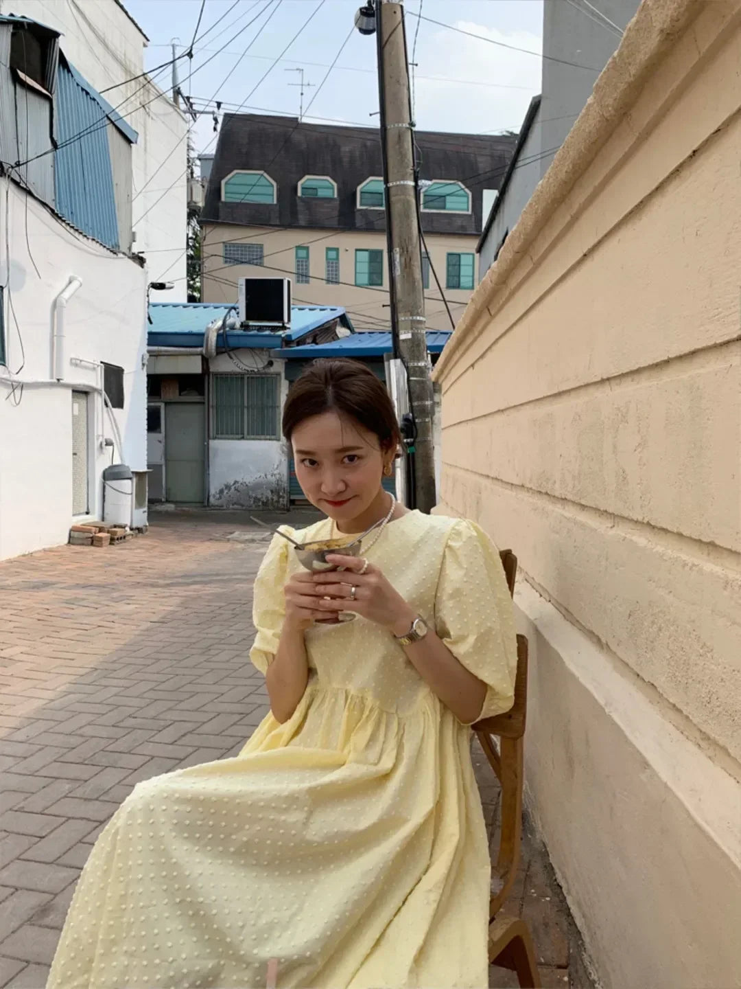 Women Polka Dot Puff Sleeve Long Dress Casual Party