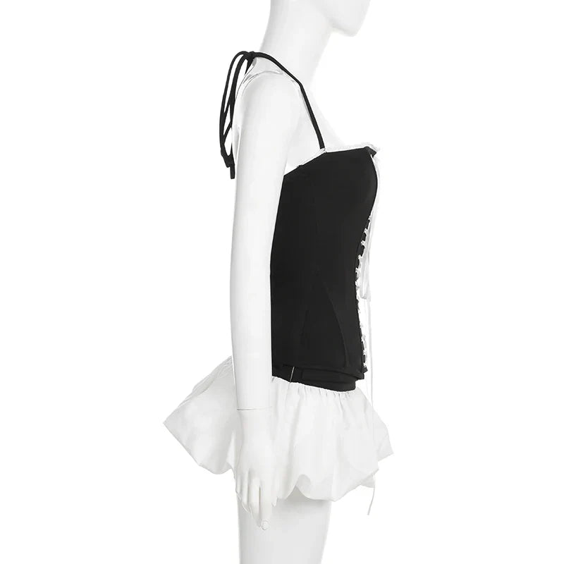 Slim Contrast Color Two-Piece Dress Set for Women Bandage Slash Neck Halter Top with Low-Waisted A-Line Skirt Elegant Sweet Casual Outfit