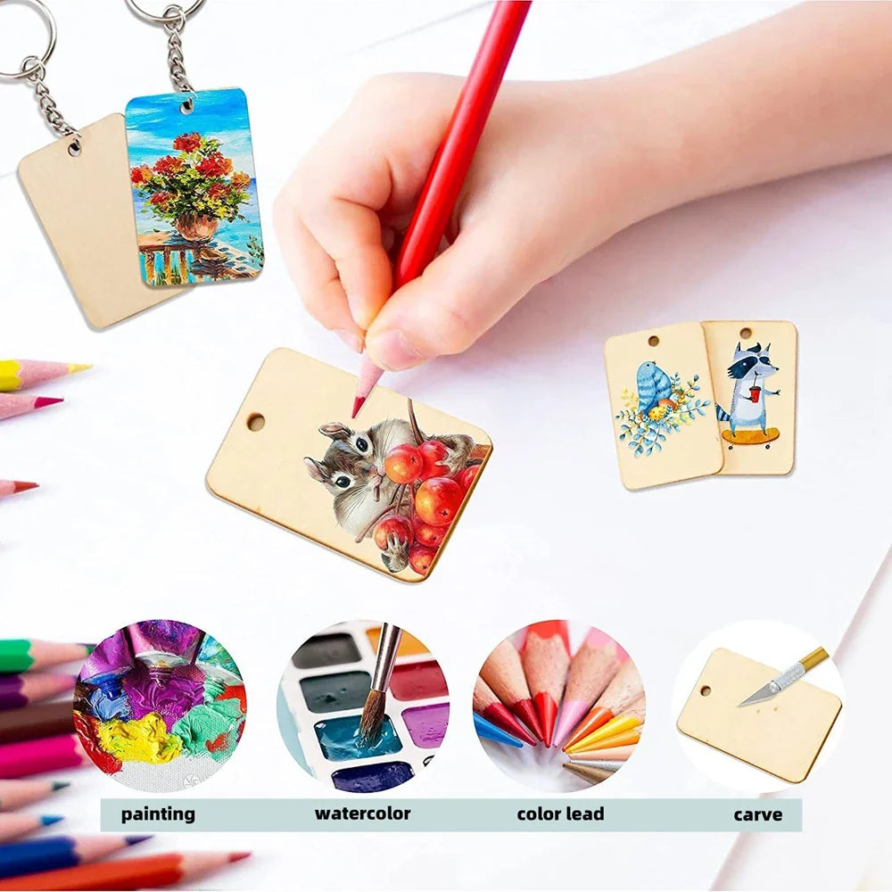 30 Piece Wooden Keychain Blanks Set with Rectangle and Round Ornaments for DIY Crafts
