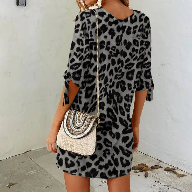 Leopard Print Boho Mini Dress For Beach Sundress Casual