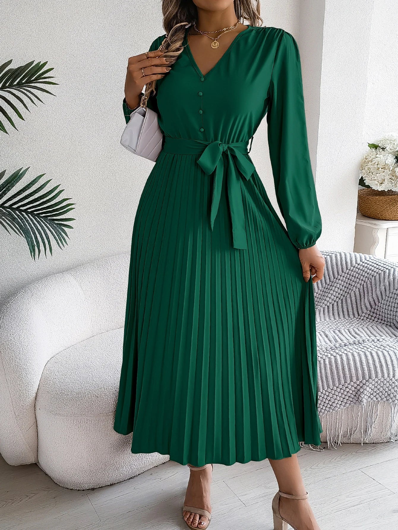 Elegant Autumn V Neck Belted Pleated Long Sleeve Dress