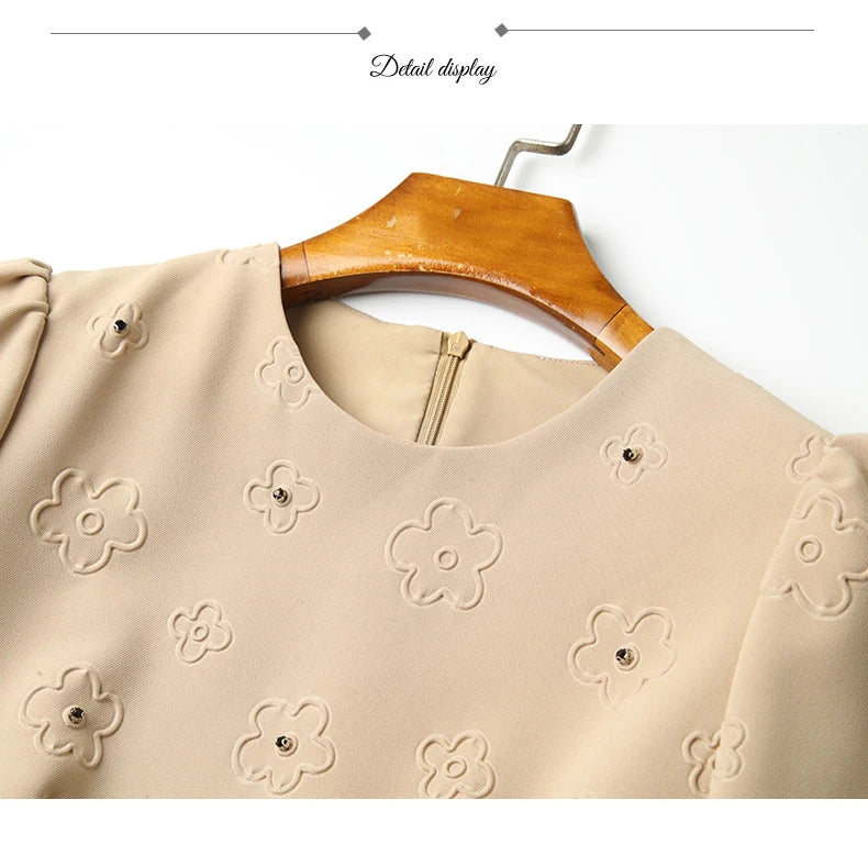 Floral Embroidered Belt Dress for Women O Neck A Line