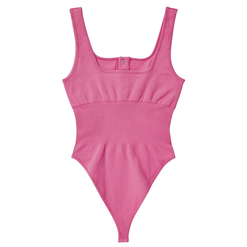 Women's Button Front Square Neck Ribbed Sleeveless Skinny Bodysuit Slimming Shapewear Casual Tank Top