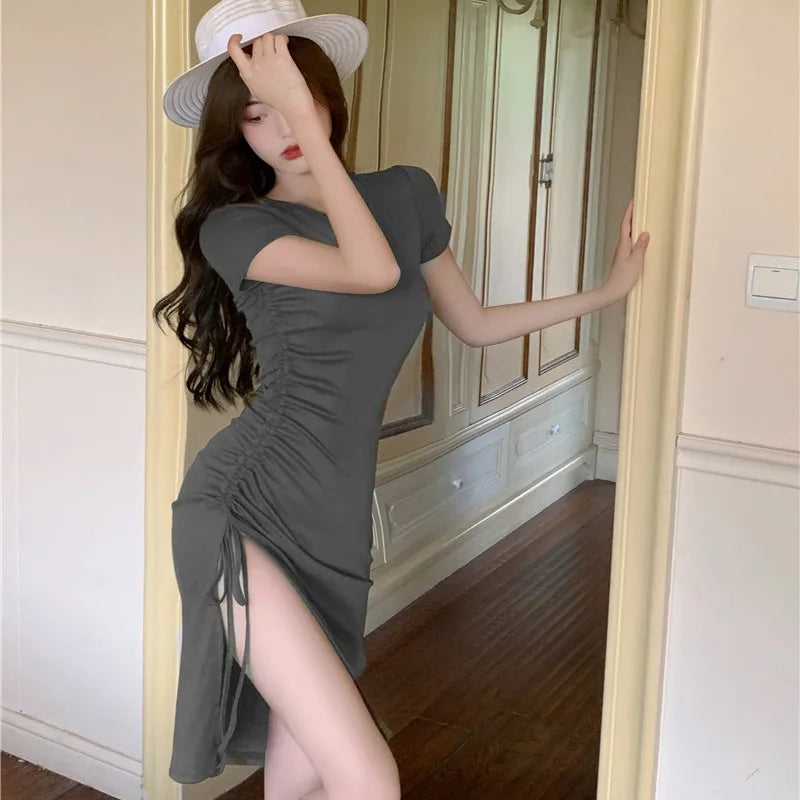 Summer Dress With Drawstring Side Slit Irregular Hem