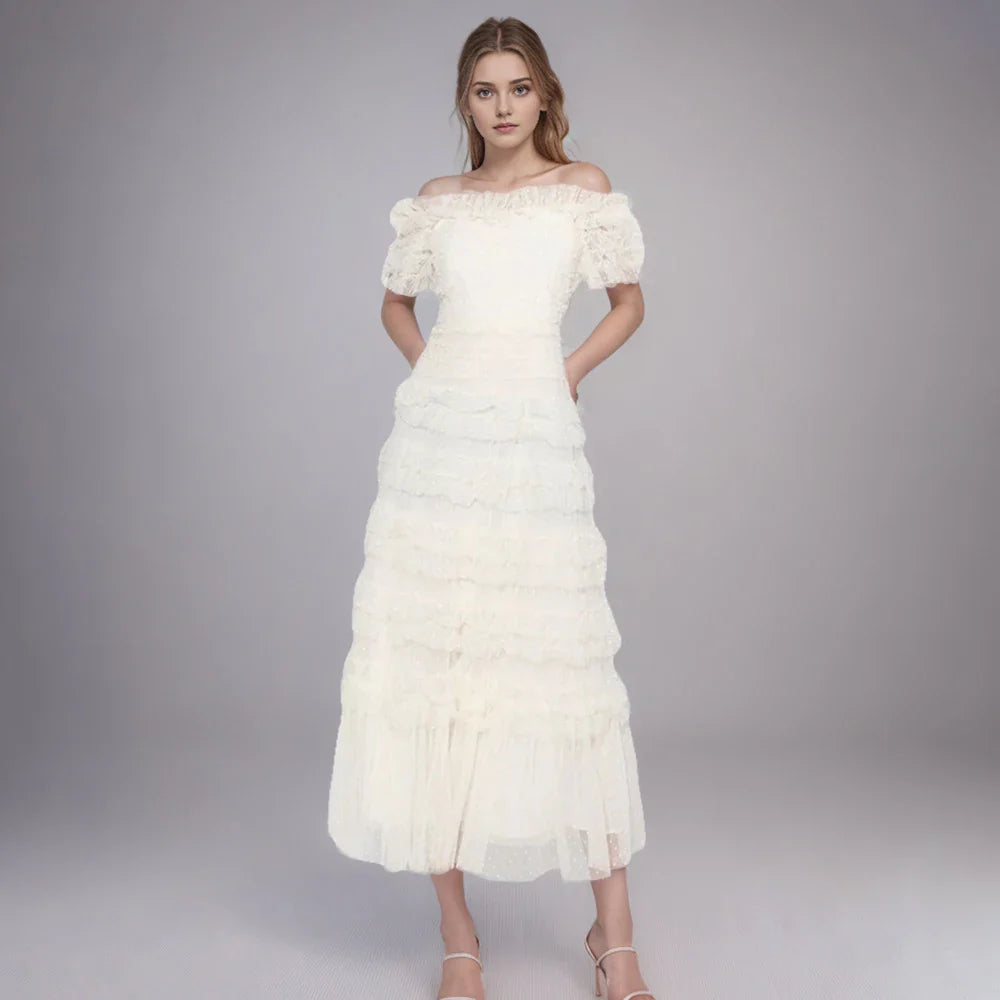 Patchwork Mesh Dress For Women High Waist Ruffled Casual