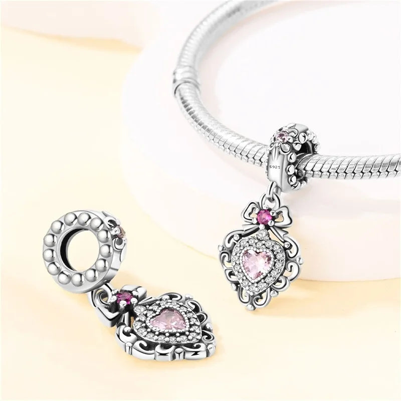 Silver Plated Lotus Guardian Angel Heart-Shaped Zircon Charms Beads for DIY Jewelry and 925 Bracelets