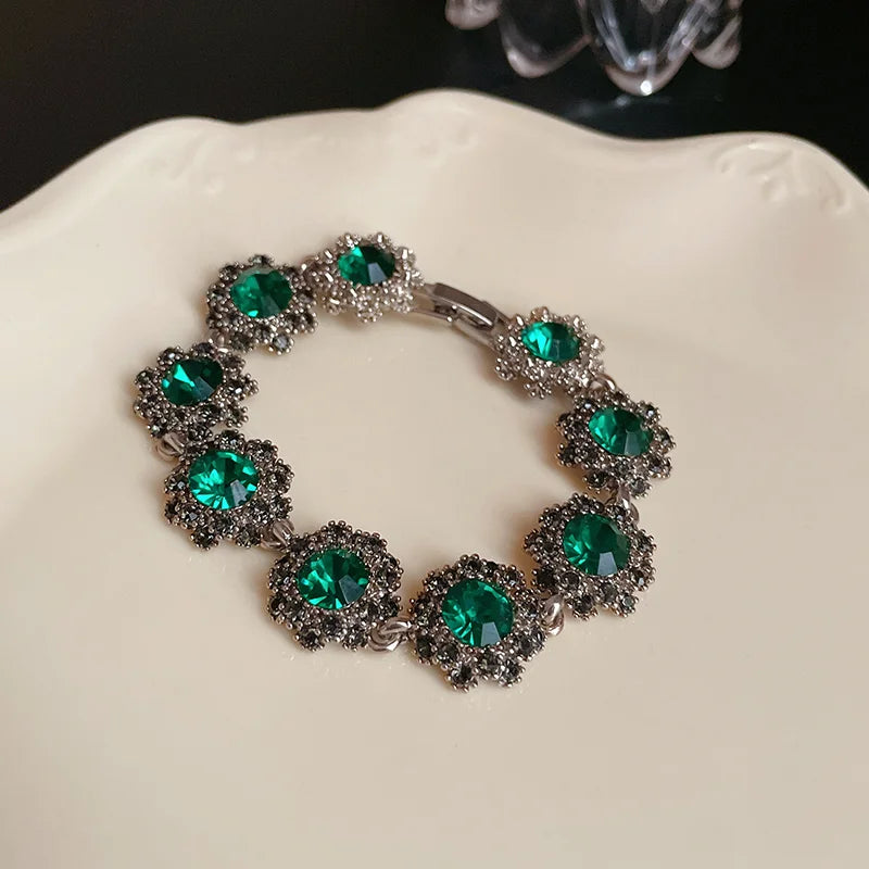 Luxury Green Rhinestone Crystal Bracelet for Women with Gold Color Link Chain - Vintage Geometric Design for Party Wedding or Bridal Jewelry Gifts