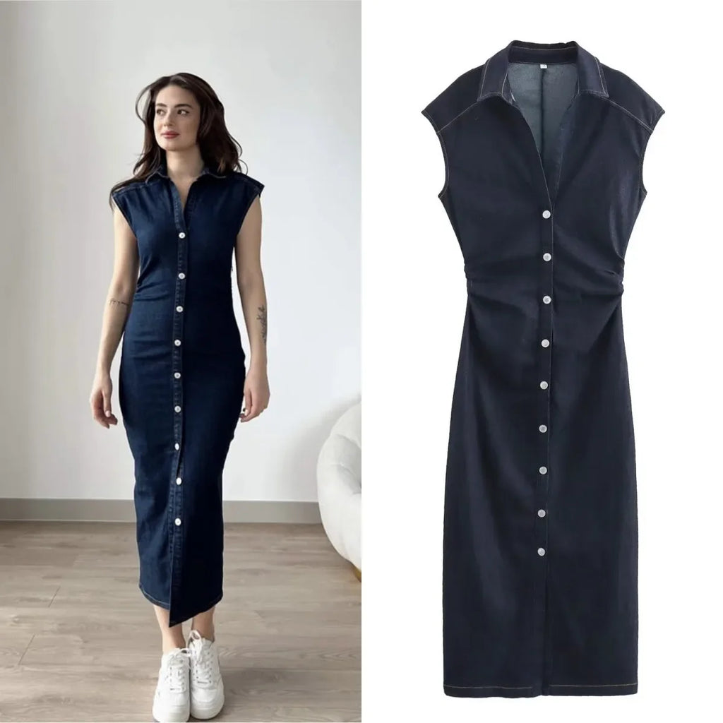 Fitted Denim Midi Shirt Dress With V Neck Long Sleeve