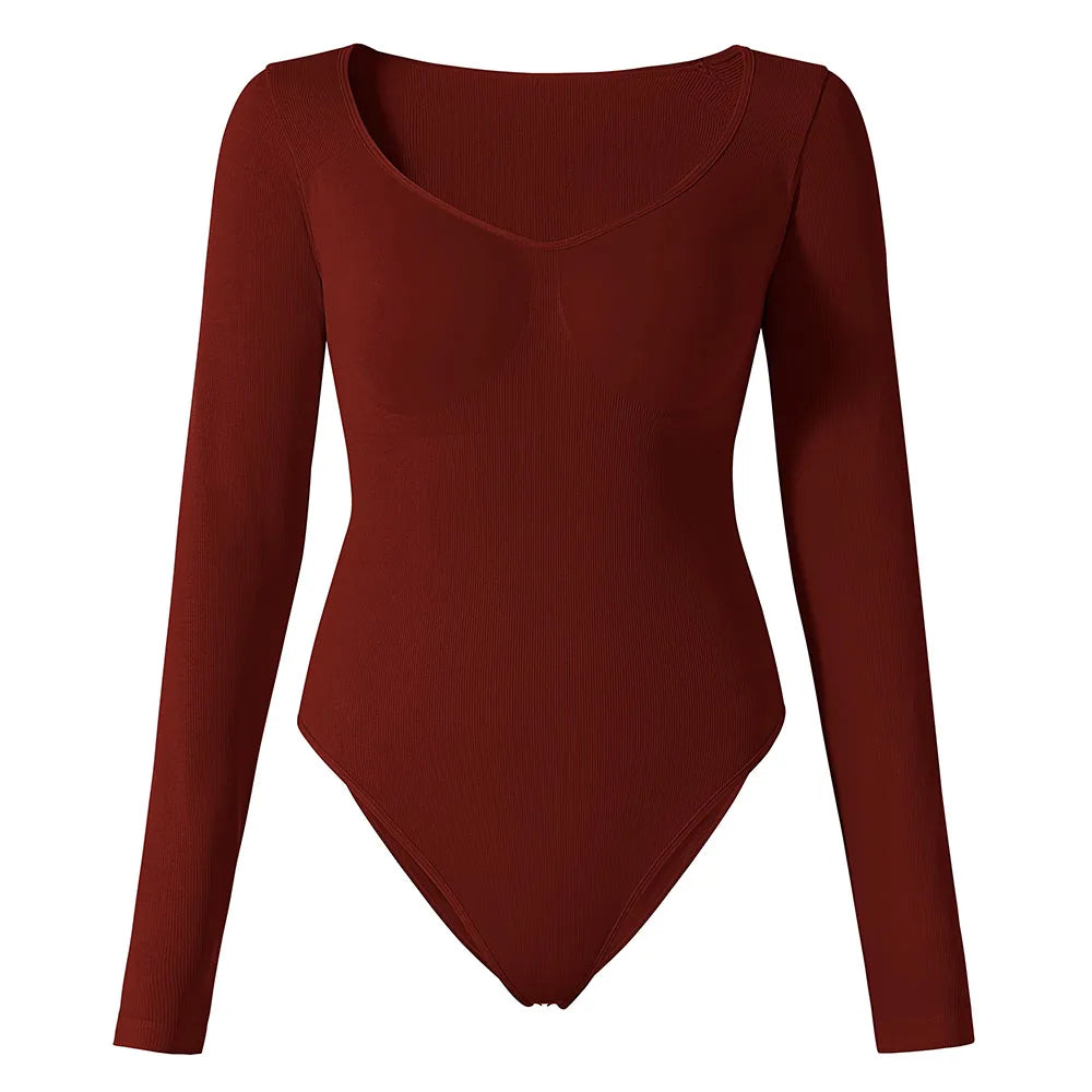 Sexy Long Sleeve Bodysuit for Women Skinny Bodycon V-Neck Push Up Romper Streetwear Jumpsuit