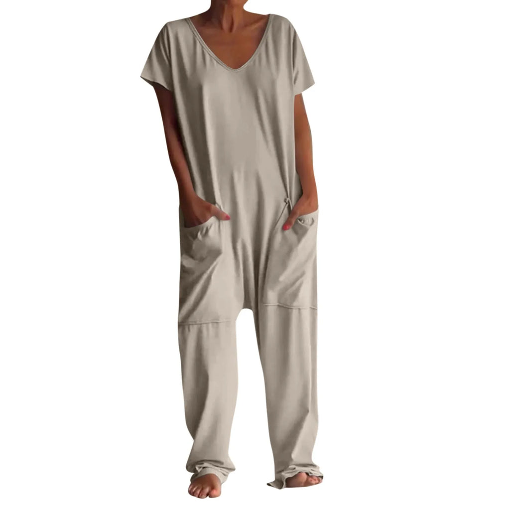 Women's Casual Short Sleeve Pullover Jumpsuit Loose Fit with Pockets Comfortable Lightweight Bodysuit Trendy Summer Romper