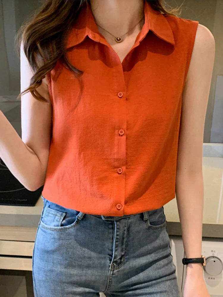 Sleeveless Turn-Down Collar Blouse for Women Elegant OL Style Workwear Shirt Lightweight Summer Top