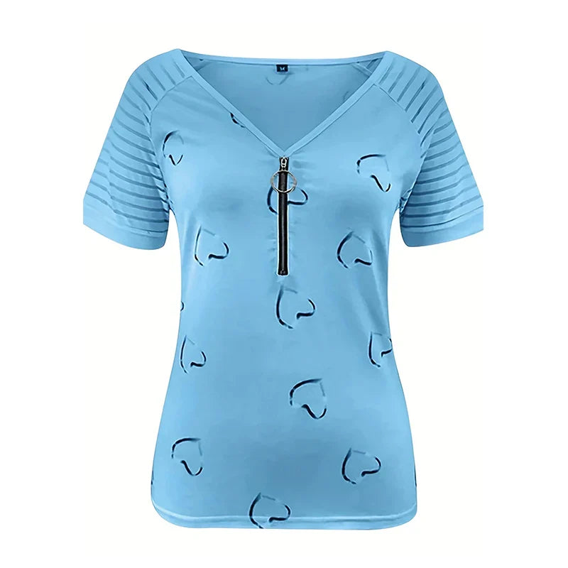 Womens Casual Zipper Short Sleeve V Neck Loose T Shirt