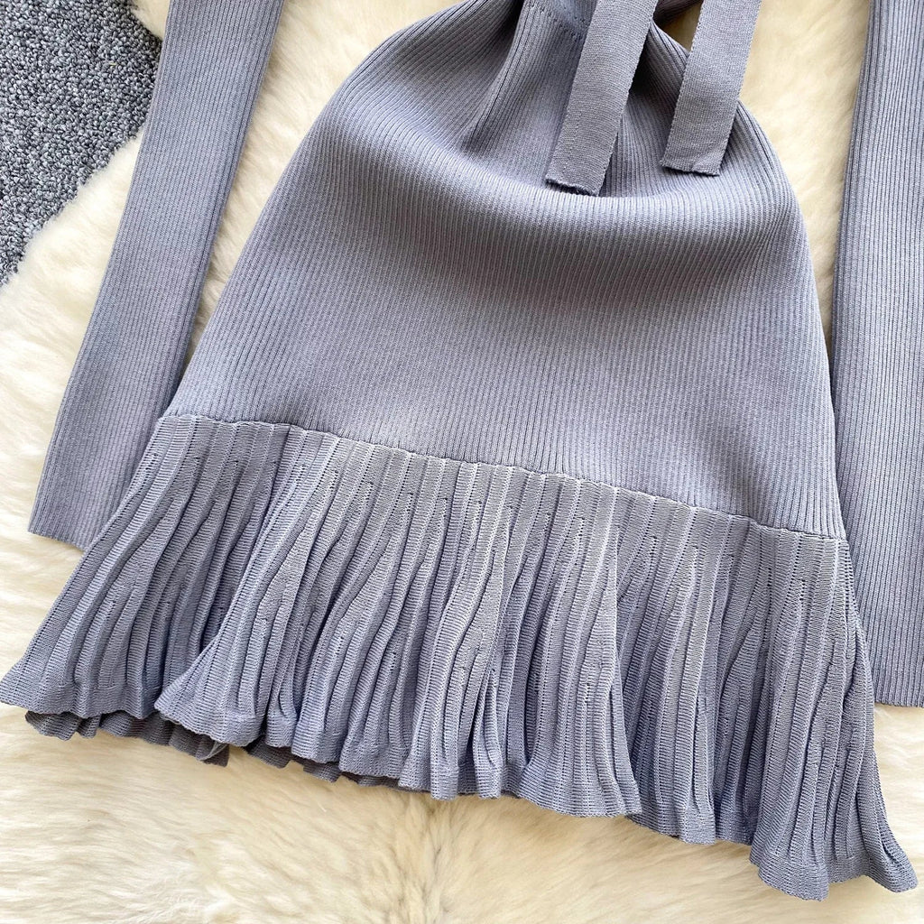 Knitted Short Dress With O Neck Bow Bodycon Chic Style