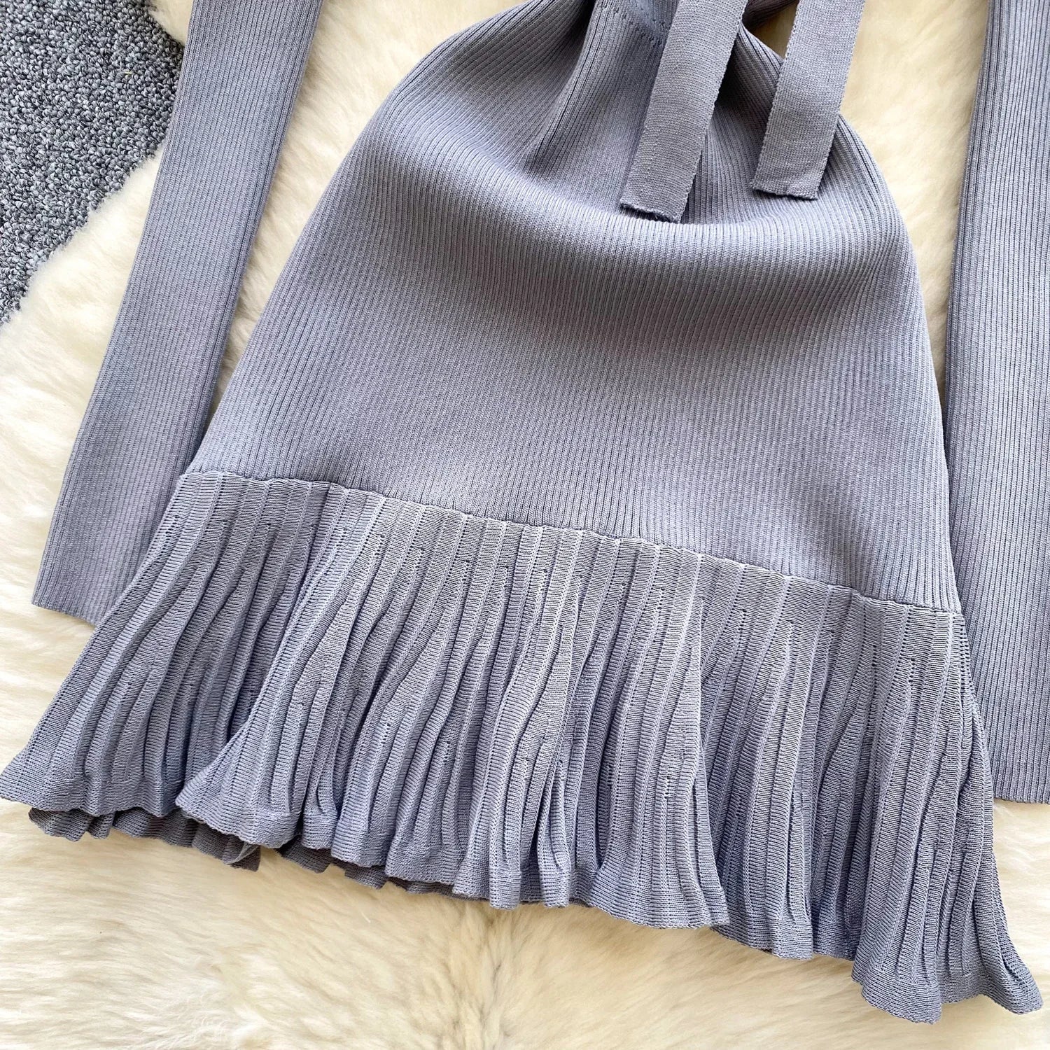 Knitted Short Dress With O Neck Bow Bodycon Chic Style