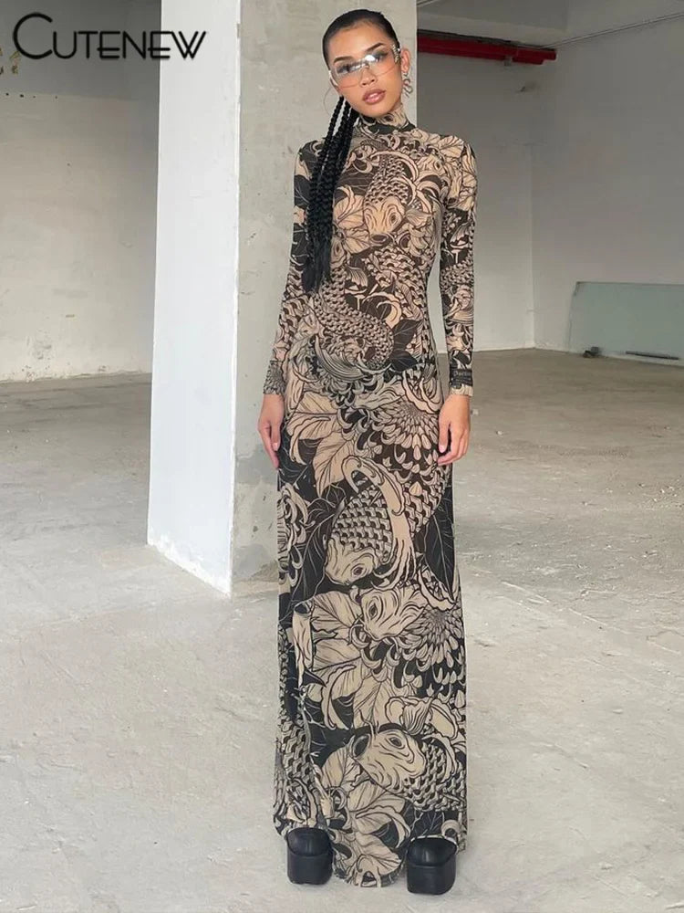 Elegant Long Sleeve Printed Maxi Dress With O Neck