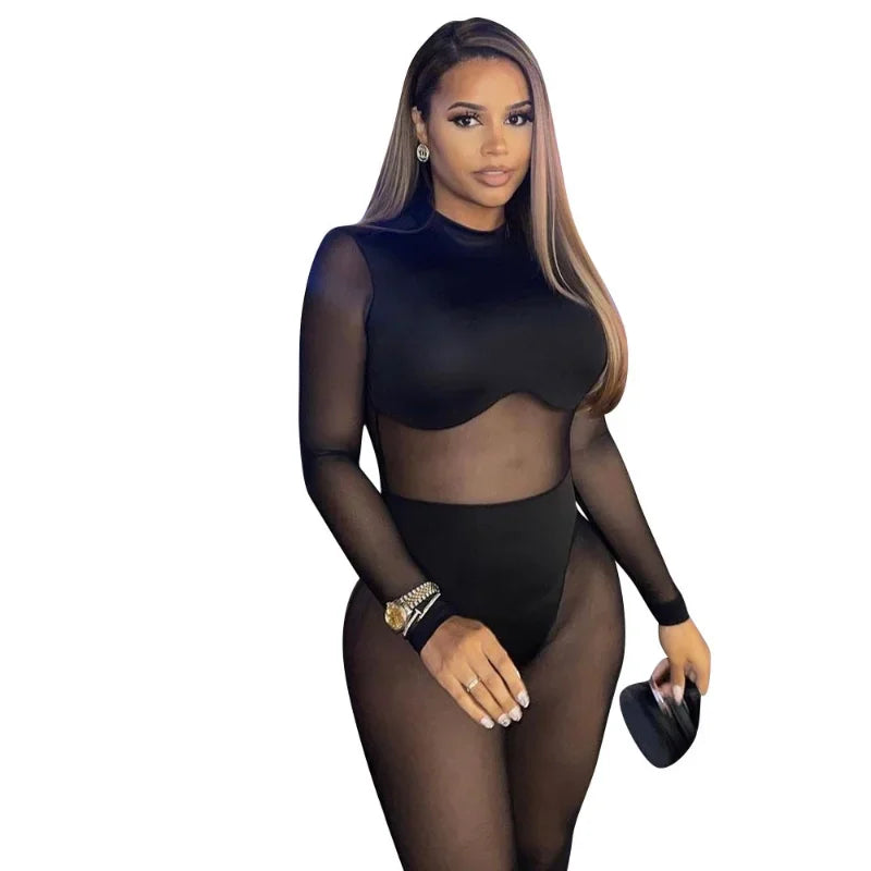 Sexy Black Transparent Mesh Jumpsuit Women Elastic See-Through Bodysuit One Piece Nightclub Outfit