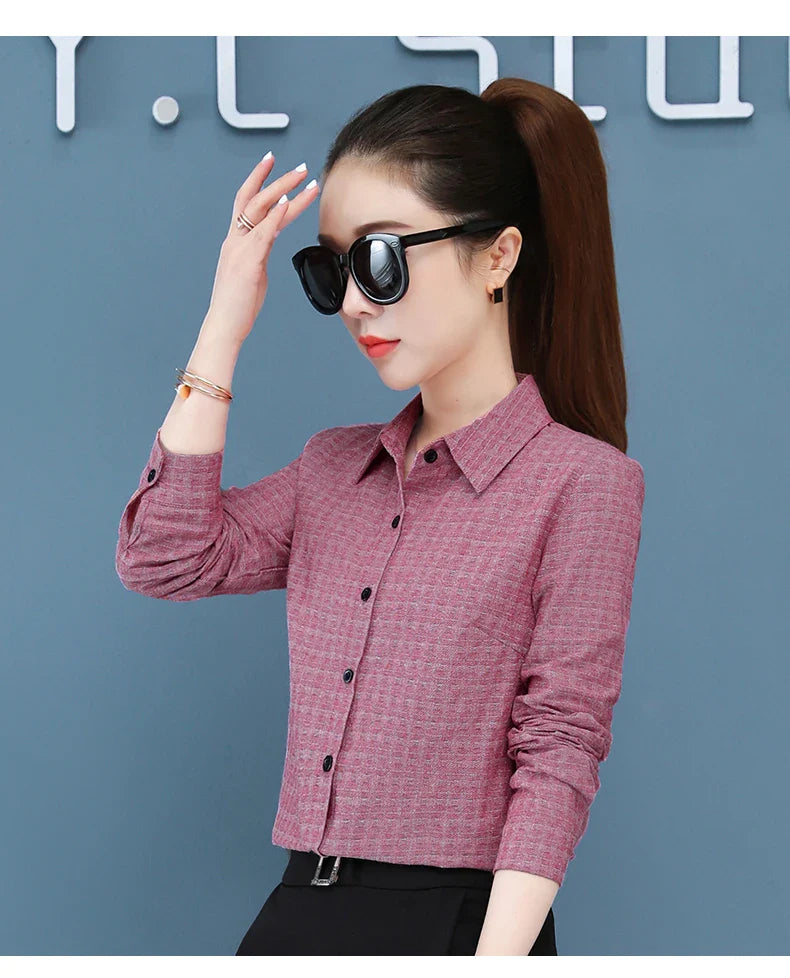 Women's Long Sleeve Slimming Cotton Shirt with Flip Collar Casual Versatile Top for Spring and Autumn Fashion