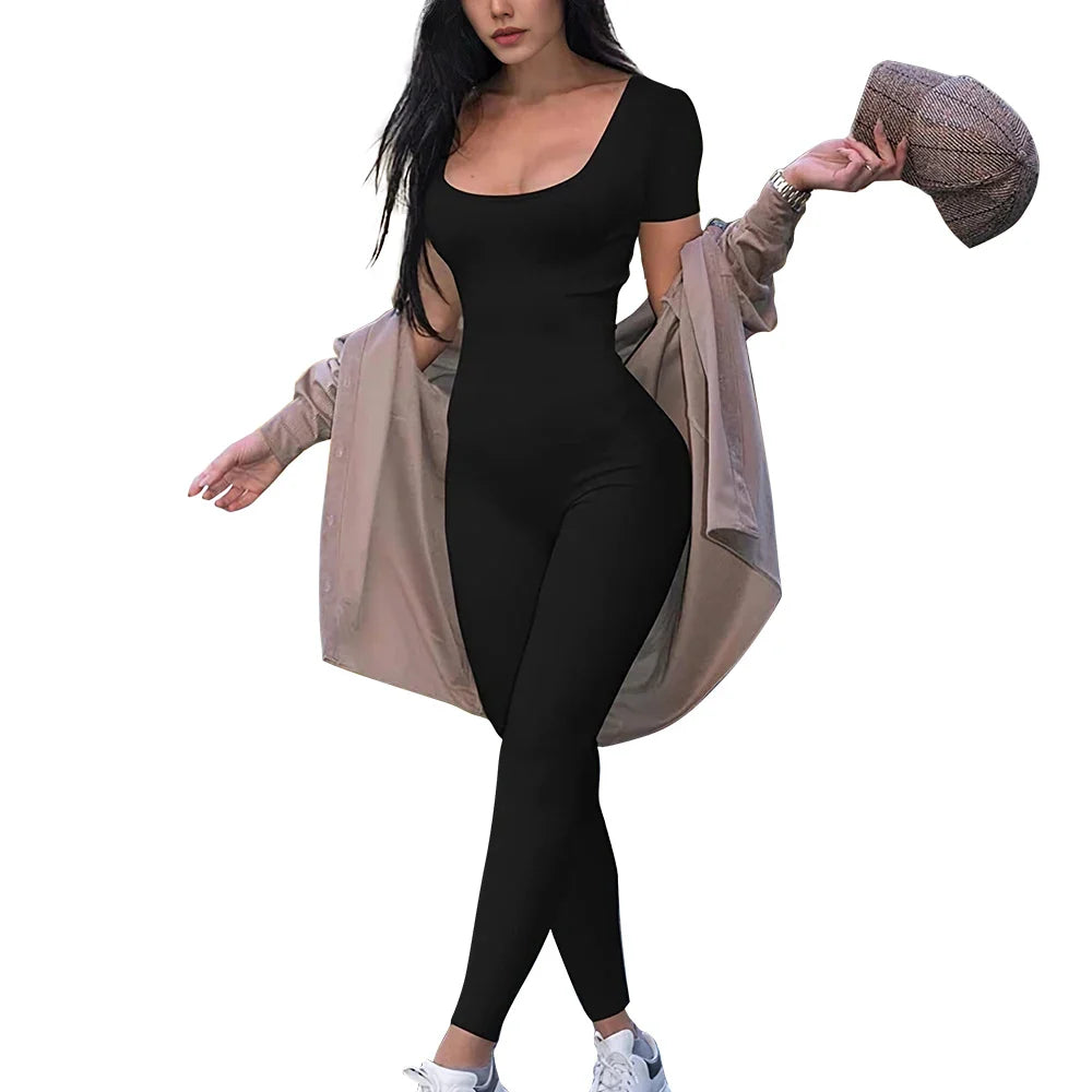 Women's Slim Fit Short Sleeve Solid Color One-Piece Romper Stylish Streetwear Casual Jumpsuit