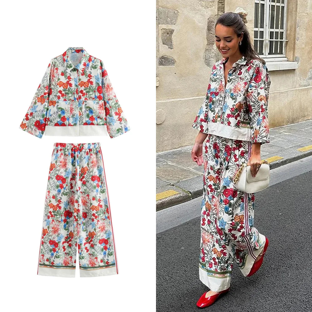 Women's Bohemian Casual Trousers Set with Long Sleeve Shirt and High Waisted Wide Leg Pants