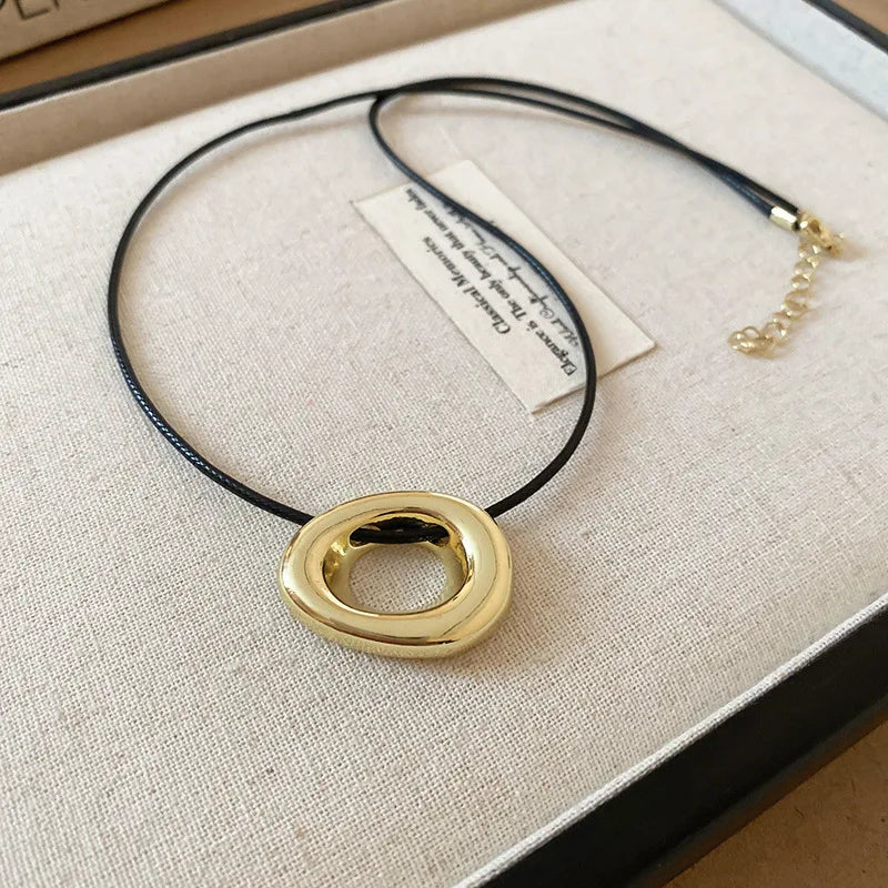 Punk Large U-Shape Geometric Pendant Necklace for Men and Women Adjustable Leather Rope Sweater Chain Jewelry